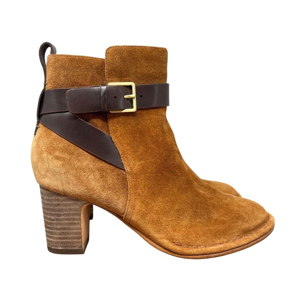 Clarks Boots Womens 6‎ Suede Wood Stacked Heel Buckle Tan Spiced River Bootie